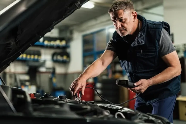 Otomobil aküsünü ölçüm cihazıyla kontrol eden oto elektrik ustası