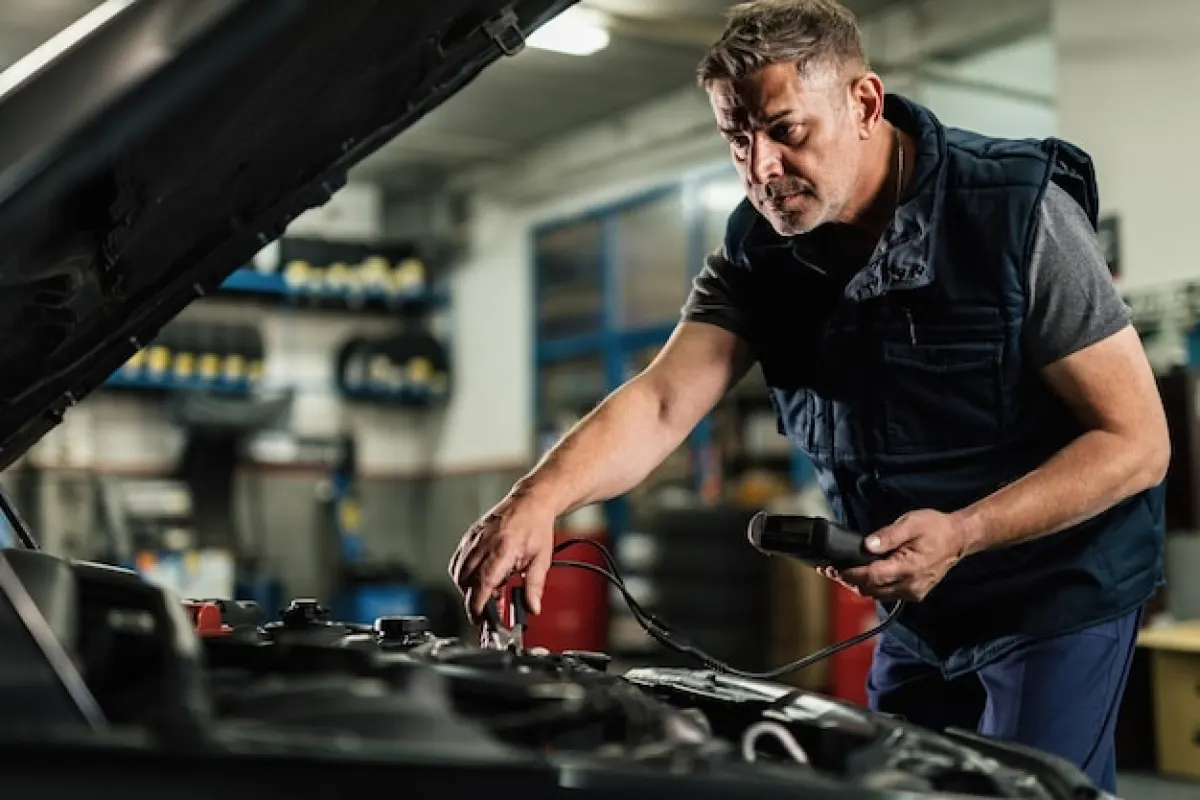 Otomobil aküsünü ölçüm cihazıyla kontrol eden oto elektrik ustası