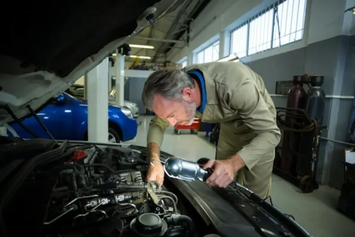 Motor revizyonu için parça kontrolü yapan oto tamir ustası
